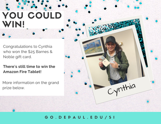 DePaulSI's tweet photo. Congratulations to Cynthia for winning the first giveaway! There's still time to win the Amazon Fire Tablet! #DePaulSI #DePaulUniversity https://t.co/avA5kxHl1y