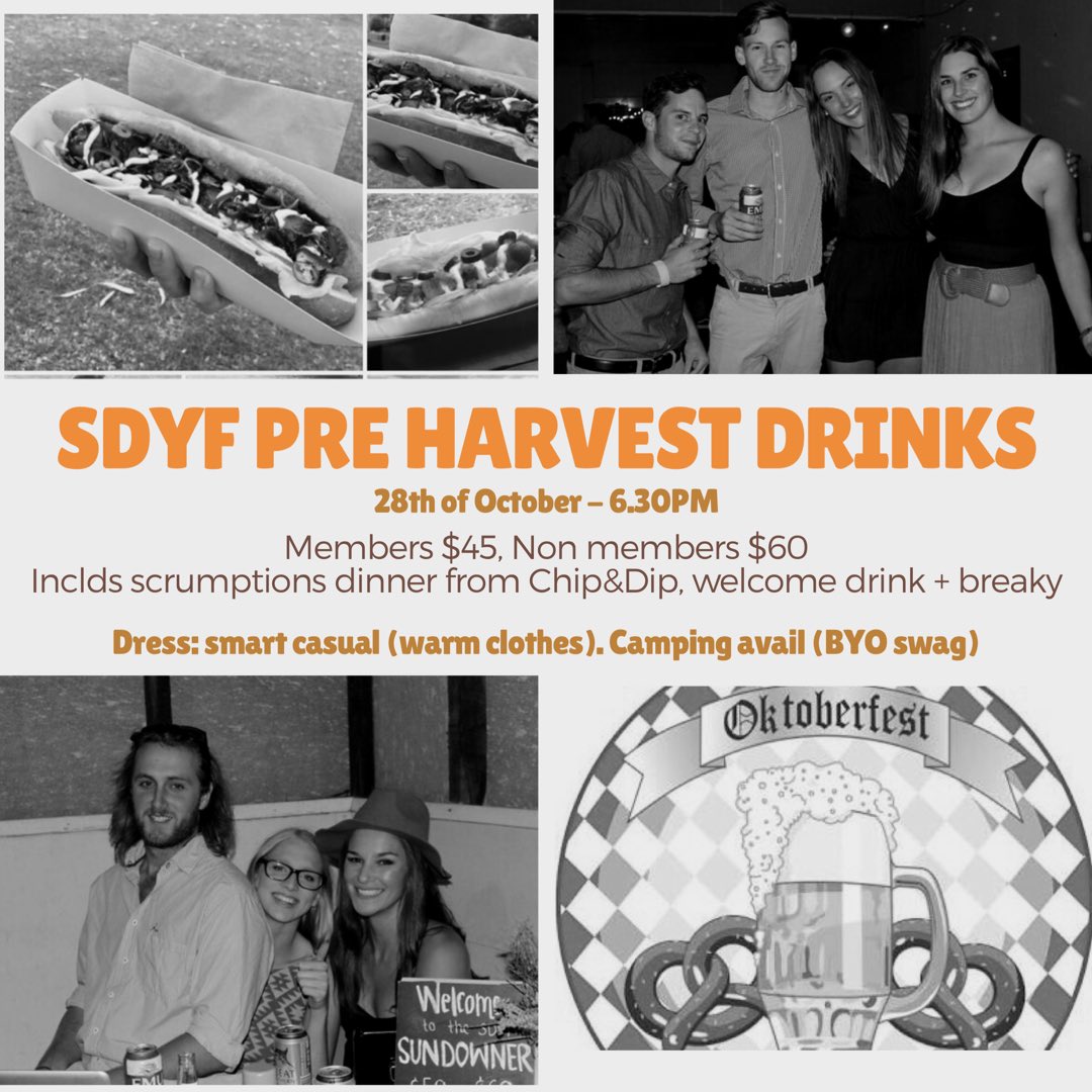 •SDYF Pre Harvest Drinks• 28th Oct • Kojonup • 6.30pm • $45 member $60 non - incls 1 drink, dinner, camping + breaky (ticket link in bio)