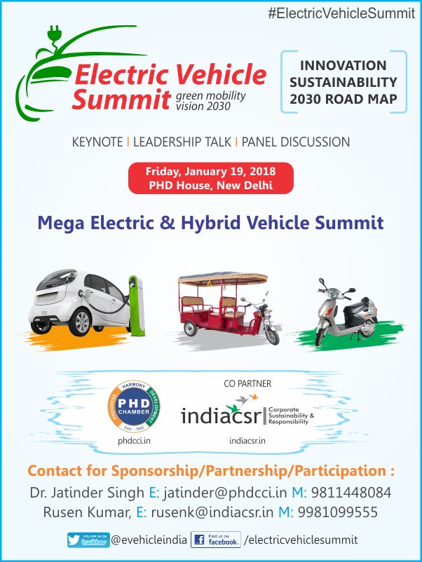 evehicleindia's tweet photo. India Electric Vehicle Summit to be held at PHD House, New Delhi on Jan 19, 2018 #ElectricVehicleSummit @phdchamber @drjatinders @INDIACSR https://t.co/7EBzRv8GGJ