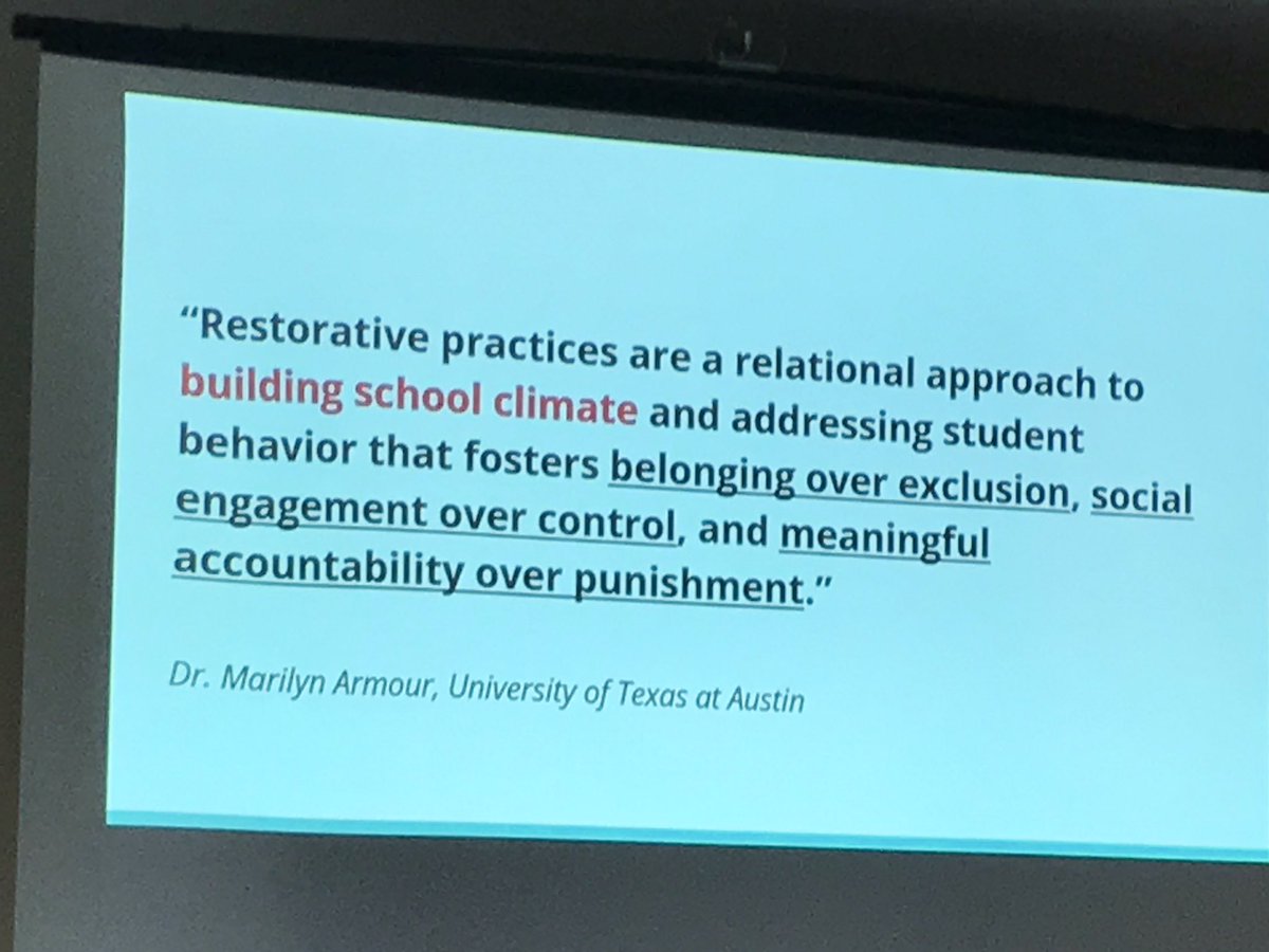 PhilHolmesK12Ed's tweet photo. Belonging Over Exclusion!
A great definition of #RestorativePractices & why I'm excited about this work in #chccs
#IIRP2017 @iirpgradschool https://t.co/PYl2jp0r38