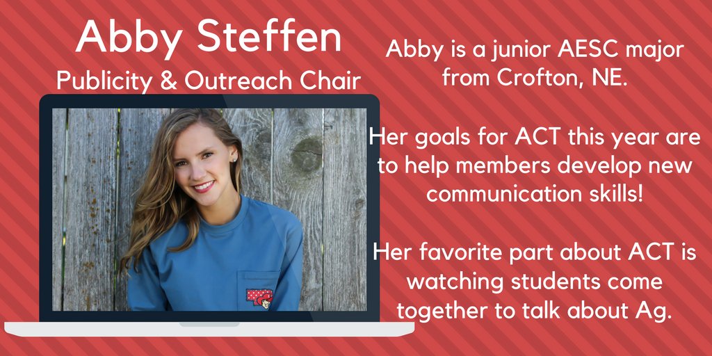 ACT_UNL's tweet photo. Meet your featured officer of the week, Publicity &amp; Outreach Chair, Abby Steffen! #featuredofficer #ThisIsCASNR #UNLACTClub https://t.co/OQfUDLhOnz