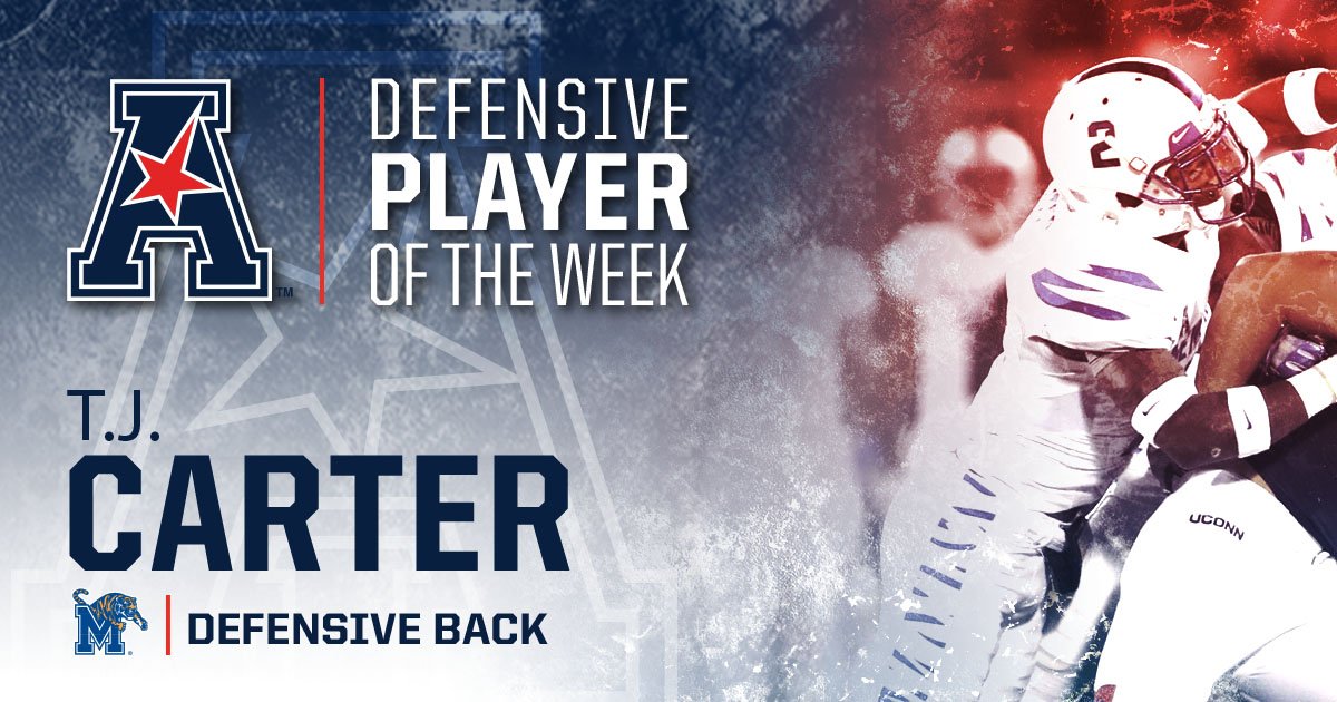 Carter had a game- and career-high 14 tackles to go with an INT and a forced fumble to lead <a href="/MemphisFB/">Memphis Football</a> to a 42-38 win against Houston.