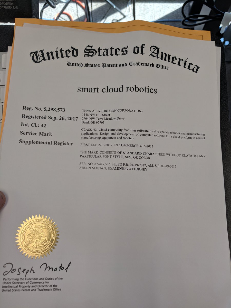The era of #smart #cloud #robotics has arrived... literally.  Our TM for the category is now official!