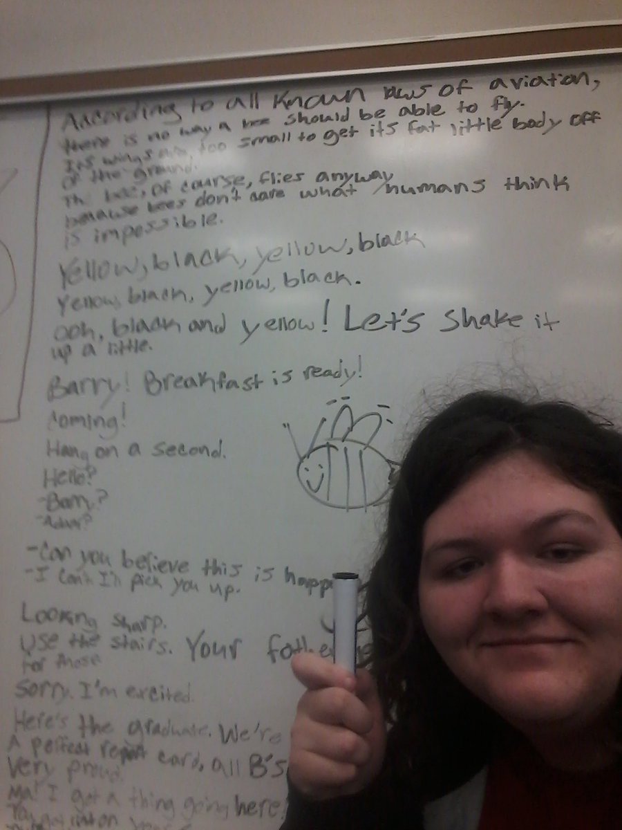 nibbles7192's tweet photo. I love my #acting #class in #school. I #wrote the #BeeMoviescript on the board. I'm very proud of the fact I'm a living #meme. 
#Bee https://t.co/N0QL86Y6d9