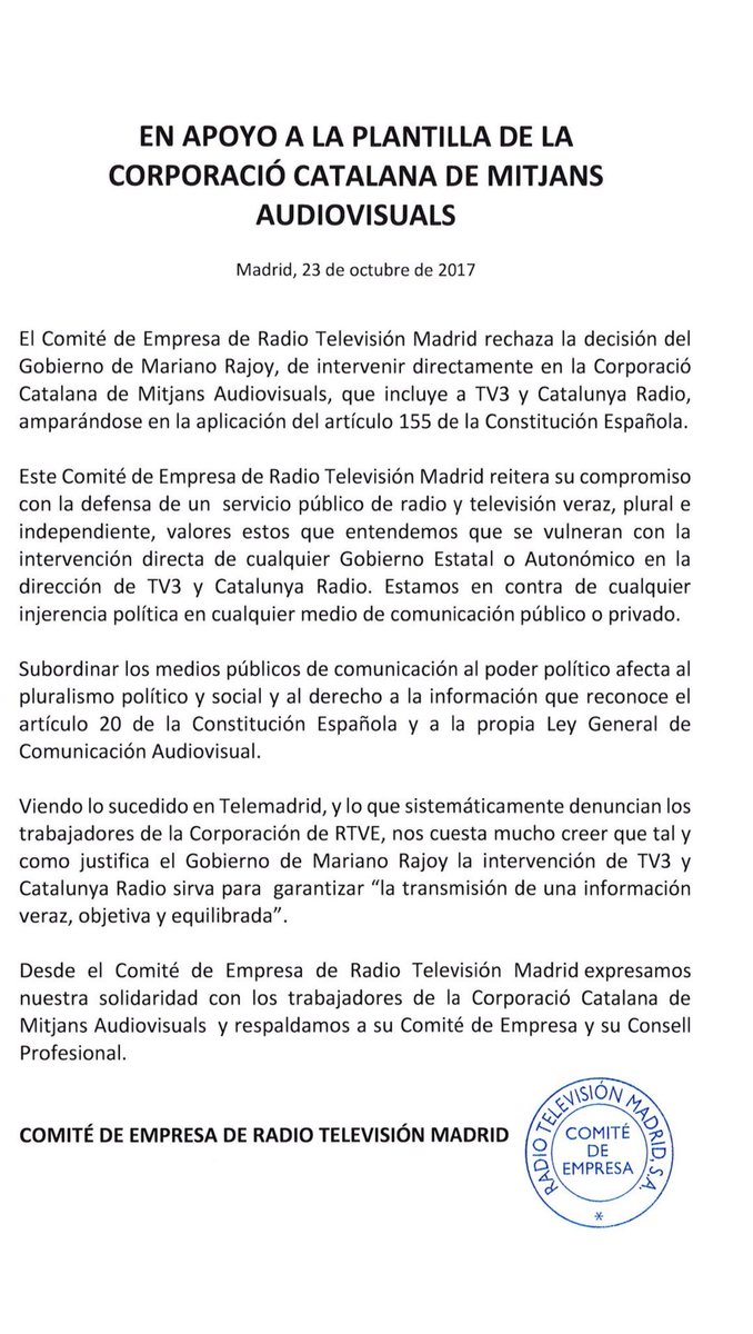 El Comité de empresa RTVM muestra su solidaridad con plantilla de @CCMA_cat  <a href="/tv3cat/">TV3 és ara @Som3Cat</a>  <a href="/CatalunyaRadio/">Catalunya Ràdio</a> y condena la intervención del gobierno