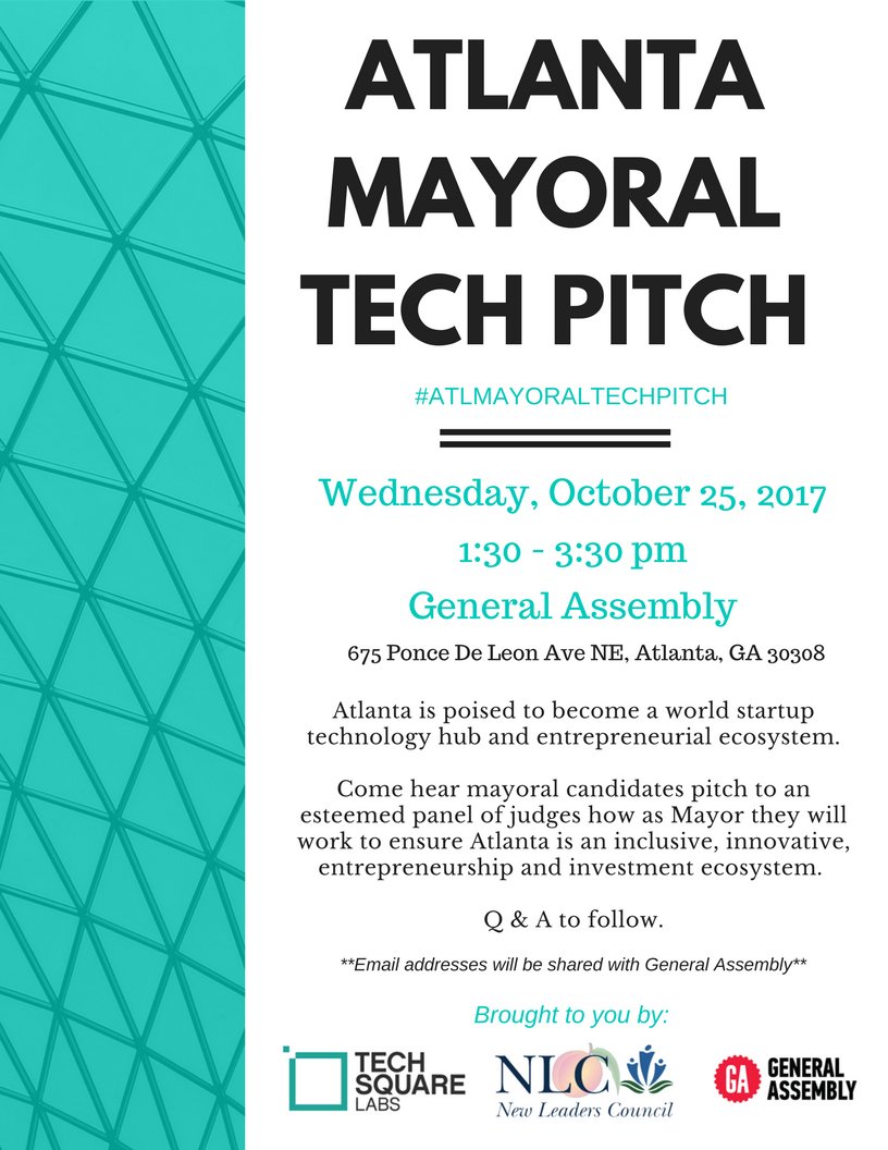 NLC_Atlanta's tweet photo. Don't forget to RSVP for Atlanta Mayoral Tech Pitch on 10/25! Excited to partner with @_GAAtlanta &amp; @TechSquare! https://t.co/XlUgmgWlyd https://t.co/IgKdua2P1x