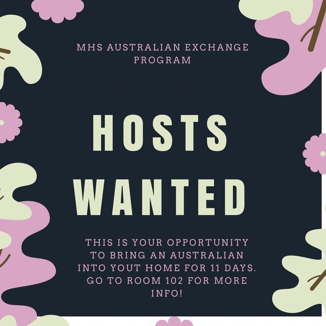 MHSBenny's tweet photo. This is your chance to host an australian!! It’s an amazing experience. Feel free to ask any questions you may have! The dates are Jan 3-14 https://t.co/nWVd1yfTIE