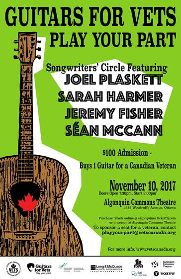 Love this. Tix for <a href="/joelplaskett/">Joel Plaskett</a> <a href="/sarah_harmer/">Sarah Harmer</a> <a href="/TheJeremyFisher/">Jeremy Fisher</a> and  @seanmccannsings : your admission buys a guitar for a Canadian veteran.