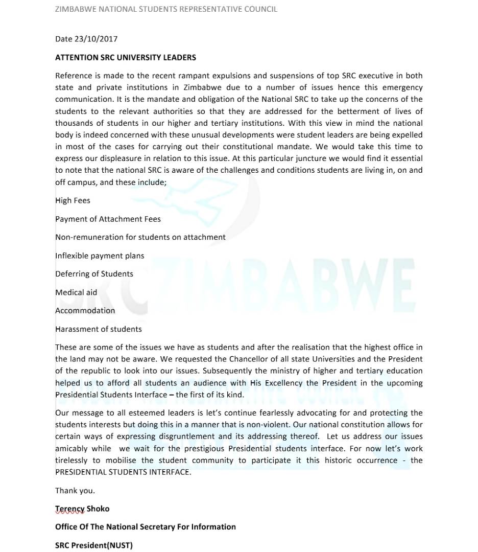 PATRIOTIC1994's tweet photo. Due to the recent wave of SRC Top executives who are being expelled this is the National SRC official communication to student leaders https://t.co/qJEOOInECY
