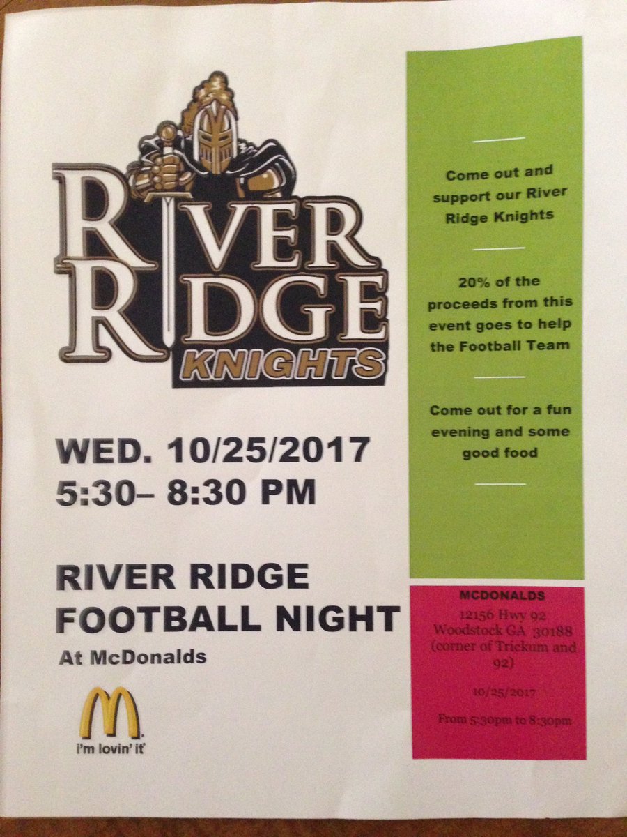 RR_Knights's tweet photo. Support River Ridge Football on 10/25 by eating dinner at McDonalds (Hwy 92 &amp; Trickum) between 5:30-8:30pm. #FeedtheKnight #TheRidge https://t.co/LSyLGb2sgT