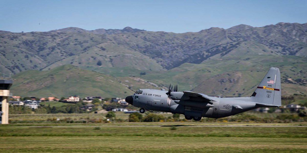 AirMobilityCmd's tweet photo. A @usairforce @133rdAW C-130 takes of from @NZAirForce Base Woodbourne on Oct 20, during Exercise #SouthernKatipo. https://t.co/FVfgWV3Q6a