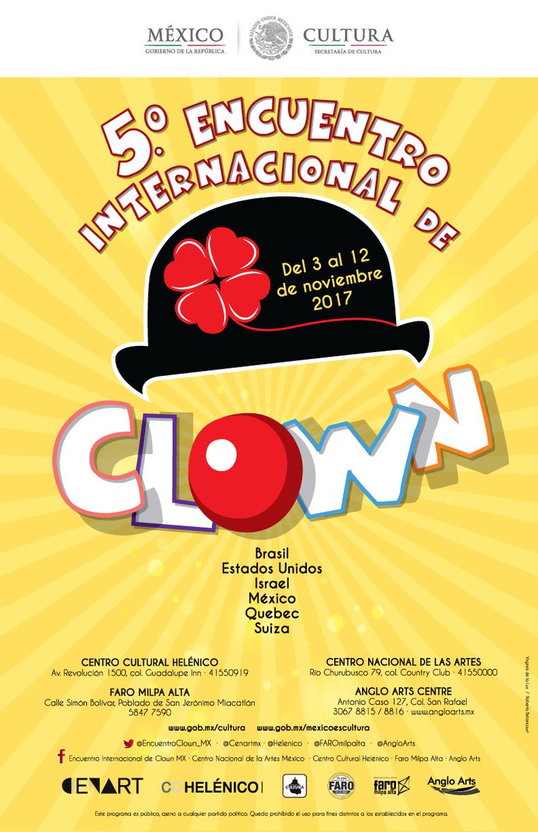 cenartmx's tweet photo. ¡El 5º @EncuentroClown_ ya se acerca y tendremos actividades! 🤡 #VenAlCenart y disfruta de estas funciones. ¡Entrada libre! https://t.co/sr9H1WEZFb