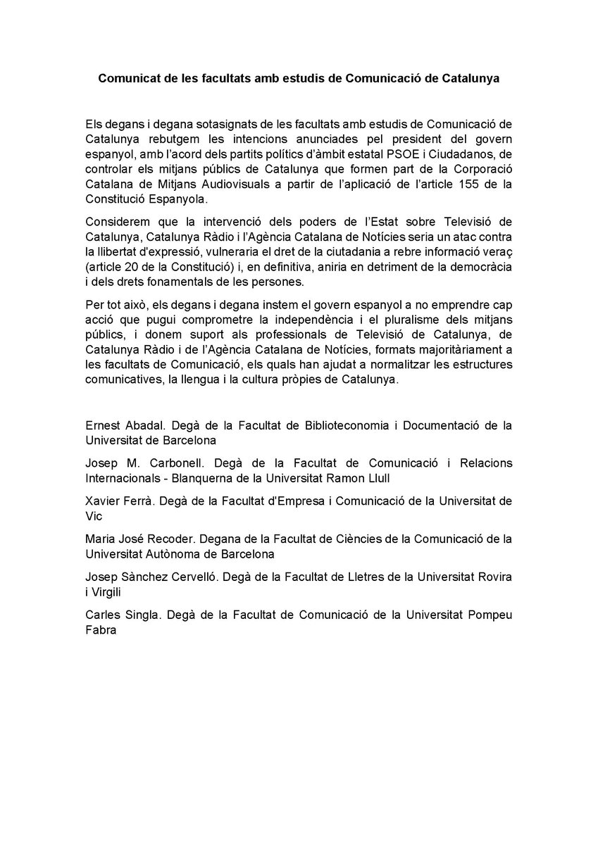 Comunicat dels degans de les facultats de Comunicació de Catalunya a favor de la independència i el pluralisme dels mitjans públics.