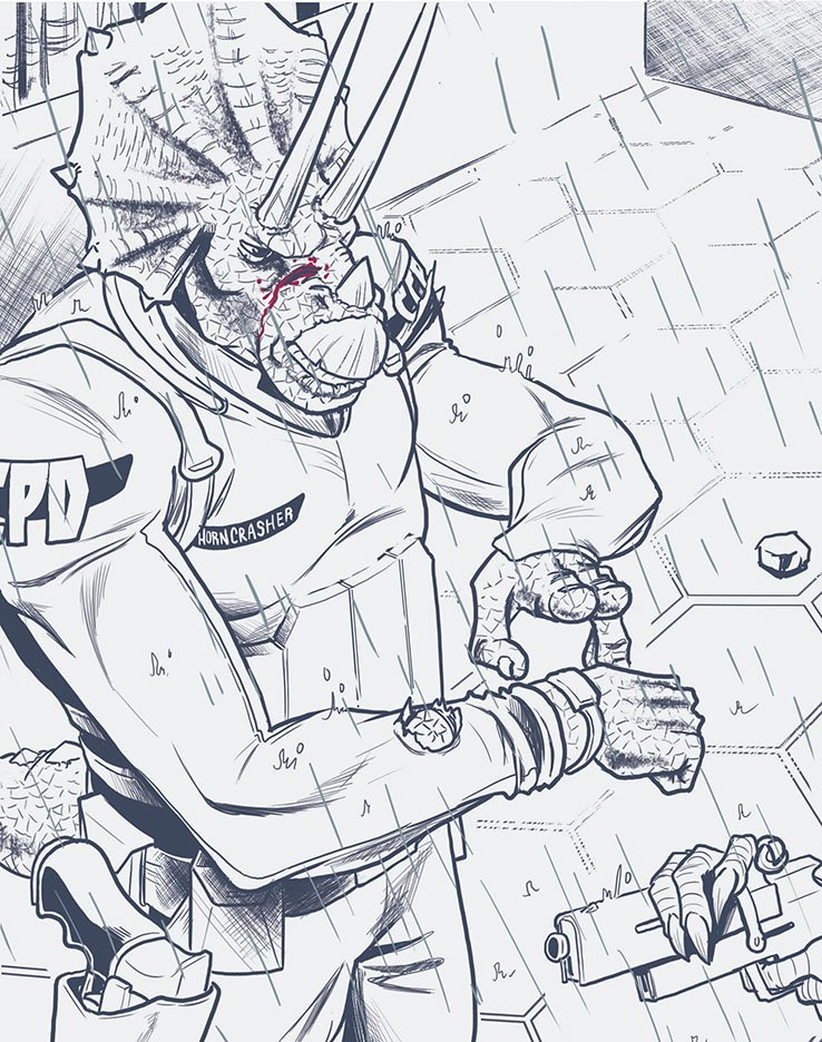 JasonMuhr's tweet photo. Officer Horncrasher #voracious #wip #jasonmuhr #dinosaurs #dinocops https://t.co/LKj4aNgFsj