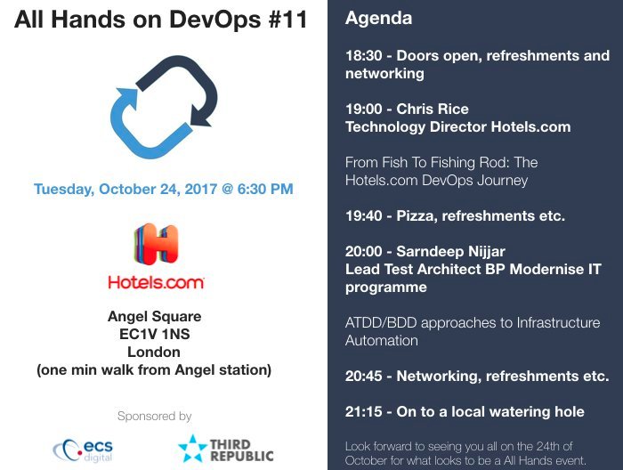 ECS_Digi's tweet photo. Join us for our #AHODevOps event with @hotelsdotcom: #ATDD #BDD approaches to Infrastructure #Automation https://t.co/3ckcjiKNlc https://t.co/noh8uLNroF