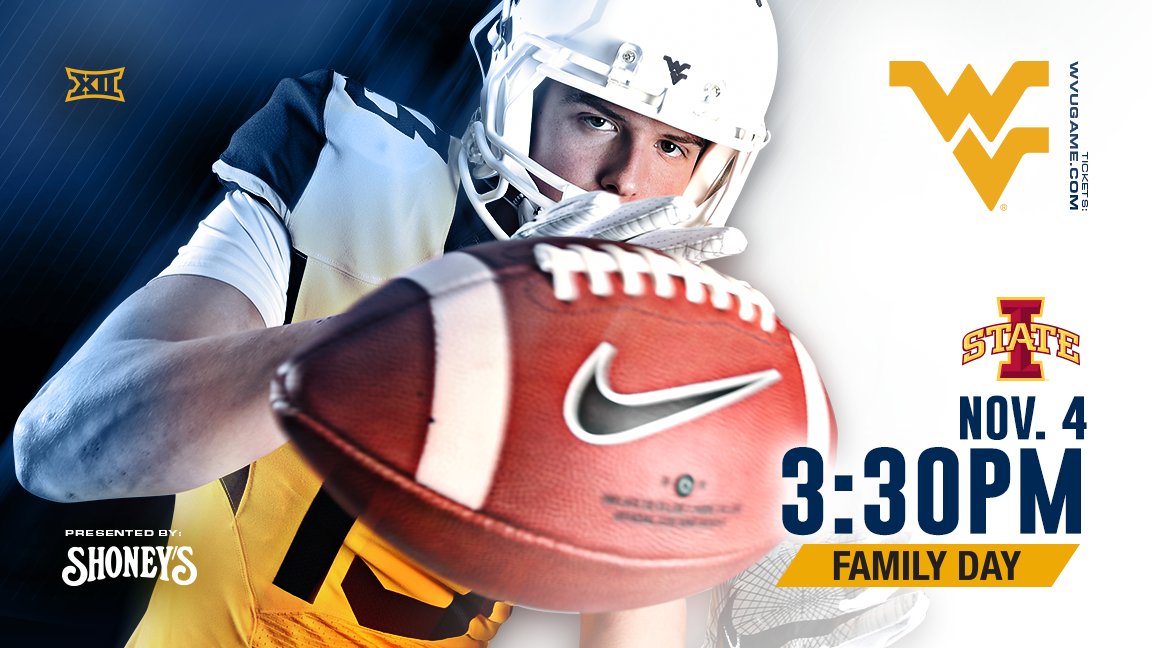 WVUfootball's tweet photo. The #WVU-ISU game time on Nov. 4 has been announced by the @Big12Conference. 
MORE: https://t.co/NANzca1lr8 
TIX: https://t.co/pAXf4hgQuS https://t.co/r9Ip8QZ3sV