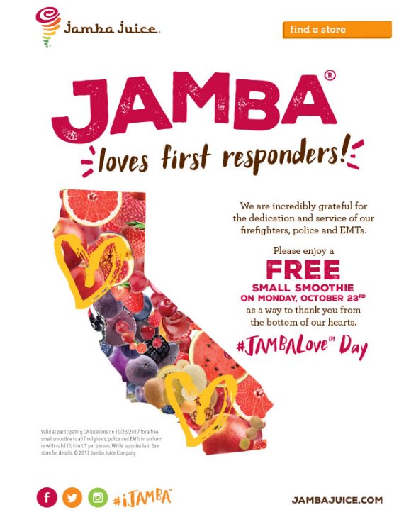 etchare's tweet photo. #MondayMotivation 1st responders get #FREE small smoothie participating California @JambaJuice locations #iJamba #firefighters #police #EMT https://t.co/T9UCU7tFFB