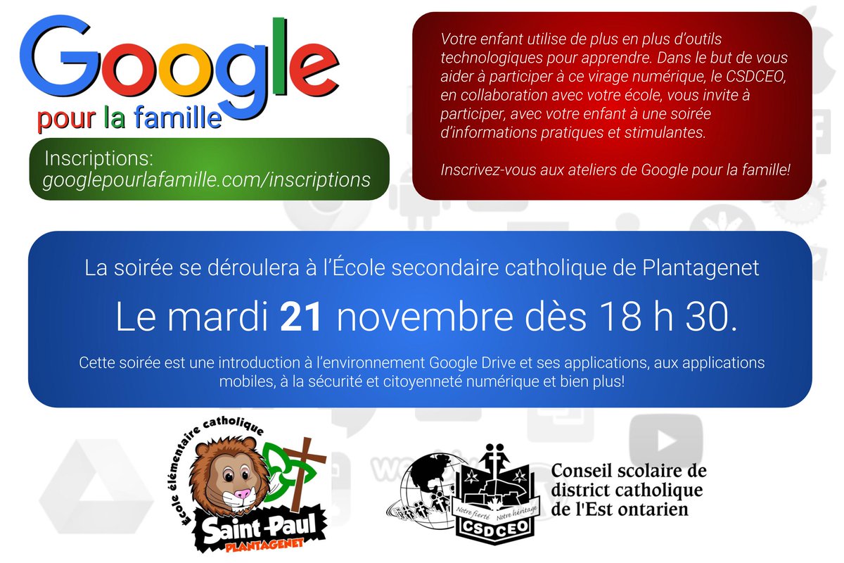 Venez co-apprendre avec votre enfant différentes composantes de Google. Voici le lien pour vous inscrire: goo.gl/7YVe5Z <a href="/CSDCEO/">CSDCEO</a>