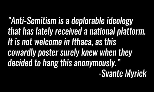 bykelseyoconnor's tweet photo. After posters, @SvanteMyrick says anti-Semitism is a deplorable ideology not welcome in Ithaca. #twithaca https://t.co/v4ph42FBh1 https://t.co/c6hiidTa8k
