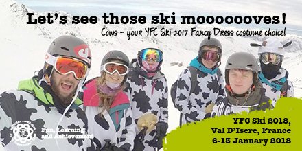 It's official. Cows is the fancy dress costume for YFC Ski 2018 in Val D'Isere on 6-13 January! Book your place now: bit.ly/2uys6Jz