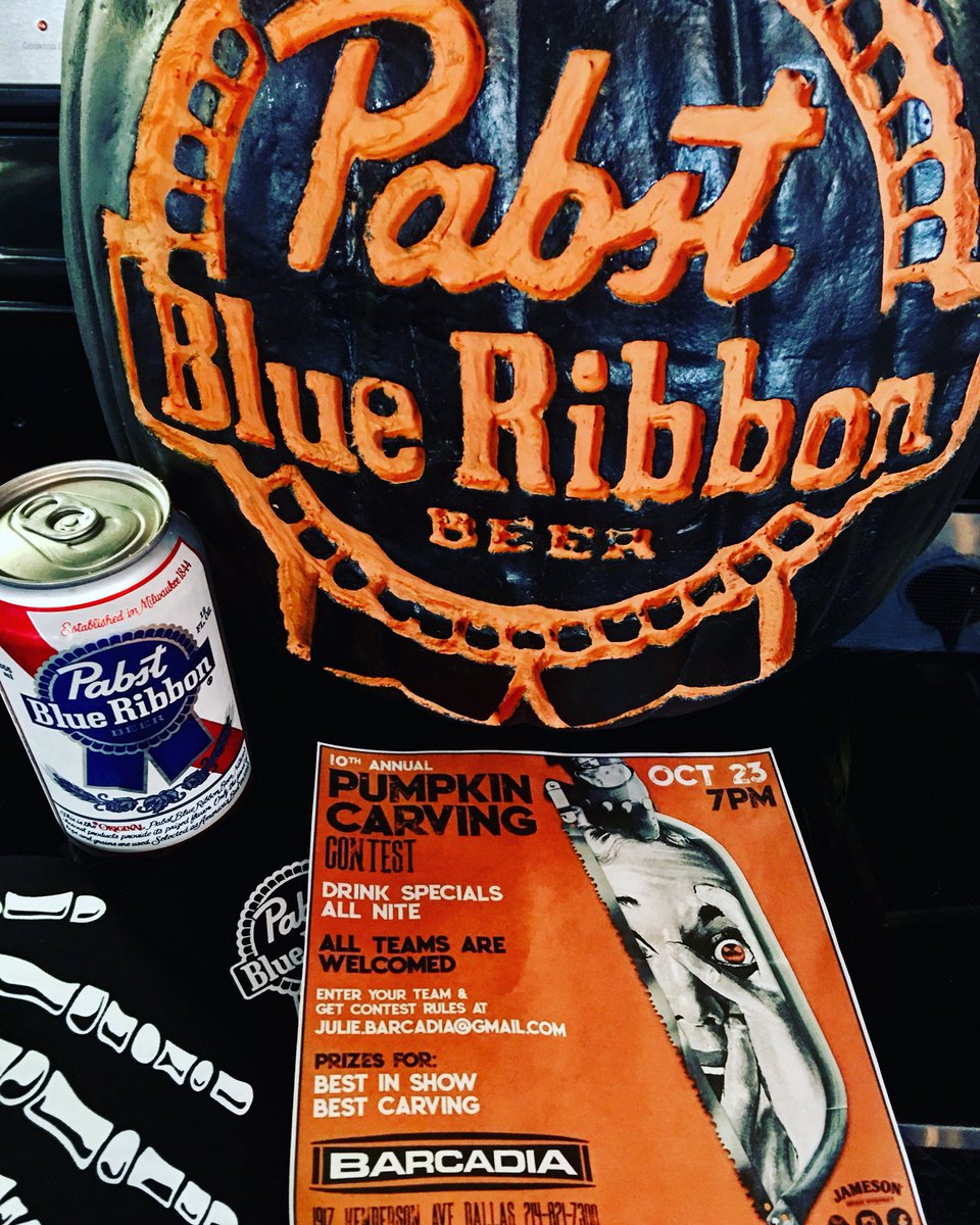🎃 🔪We still have a few spots left for our Annual Pumpkin Carving Contest, TONIGHT! Cash prizes, shitty cheap PBR &amp; Jameson specials, half priced food, and killer PBR Halloween giveaways all night! BE THERE

#PumpkinCarving #Pabst #Barcadia #Halloween #PBR #HendersonAve #PBRart