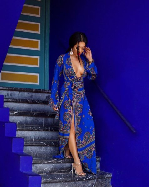 cobalt print satin kimono maxi dress