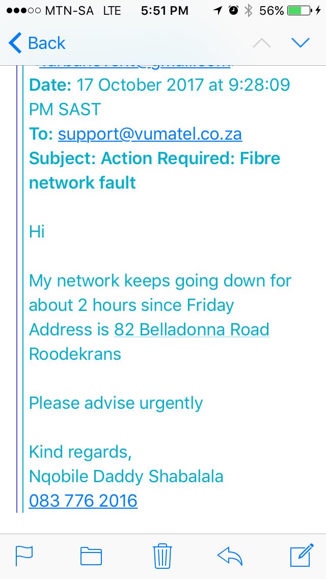 Daddy_Cue's tweet photo. @Afrihost @vumatel WORST SERVICE EVER!!!! It's been a week now and u are still blaming each other. Please just sort out my fibre connection #badservice #complainttweets #frustrated #angryclient https://t.co/uaiXVf8K0j