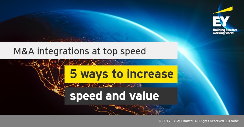 EYnews's tweet photo. What are five ways to increase speed and value post-deal? Read the top areas companies should focus on. https://t.co/WBrSwv2Lz0 https://t.co/EYiAL6GNtb