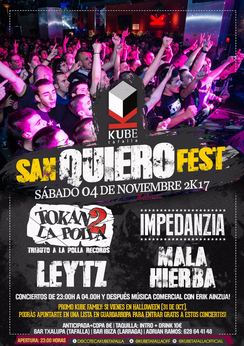 KubeTafallaoff's tweet photo. SORTEO 5 PASES DOBLES
SAN QUIERO FEST!
Conciertos&amp;Noche
Sab-04-Nov
PROMO KUBE FAMILY para entrar GRATIS!
Haz RT&amp;Menciona2acompañantes! https://t.co/YXQxqZitcB