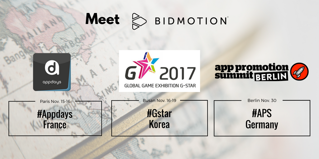 bidmotion's tweet photo. 3 more chances to meet with #bidmotion #mobilemarketing experts in november! See you from #Paris to #Berlin to #Korea π± #AppDays #APS #GStar https://t.co/hcQWf3F99I