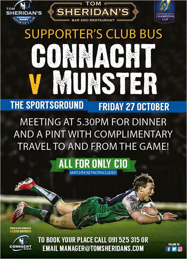 Transport, Pint &amp; Dinner for just €10 🏉🍺 
To book your spot call:091 525 515 #ConnachtVMunster