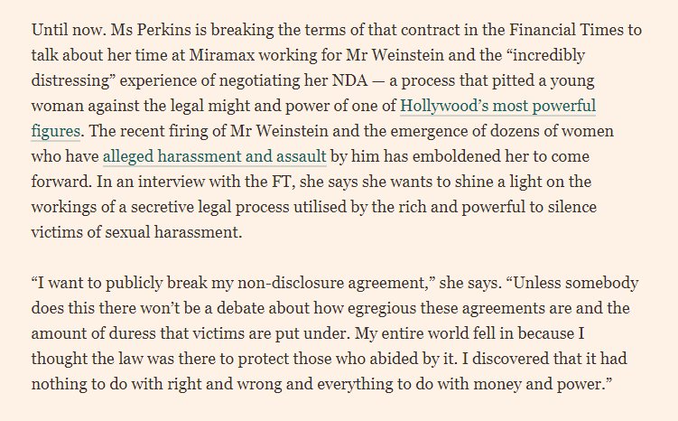 estherbintliff's tweet photo. Zelda Perkins, former assistant to Weinstein, breaks NDA to tell @MattGarrahan her story. "My entire world fell in" https://t.co/TPuK95ikUr https://t.co/u8DlB8qPRi