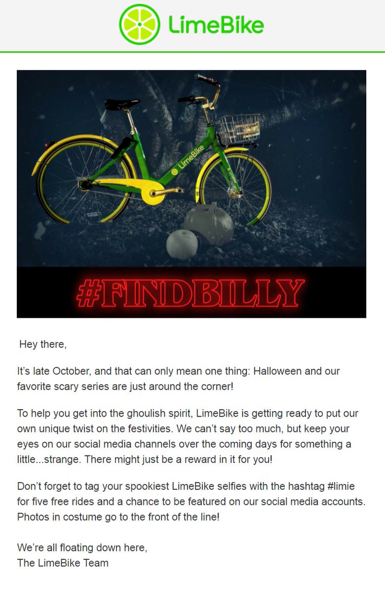 limebike's tweet photo. Did you hear the news?? Things are about to get...strange 👻 Stay tuned for more!

#findbilly #halloween #limebikenation #yourrideanytime https://t.co/9WeQow5L4H