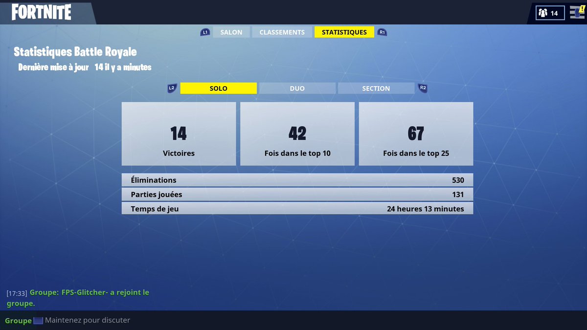 lReptor's tweet photo. Voici mes stats en solo sur Fortnite ! 😇
Envoyez vous aussi pour voir 😝 https://t.co/VXbqIkdQiQ