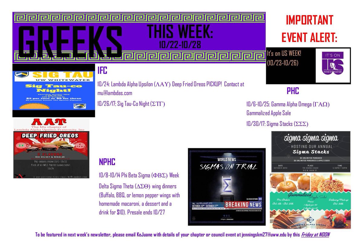 UWWGreeks's tweet photo. Go support your fellow Greek brothers and sisters this week. 😊 https://t.co/sNhXFU6n7W