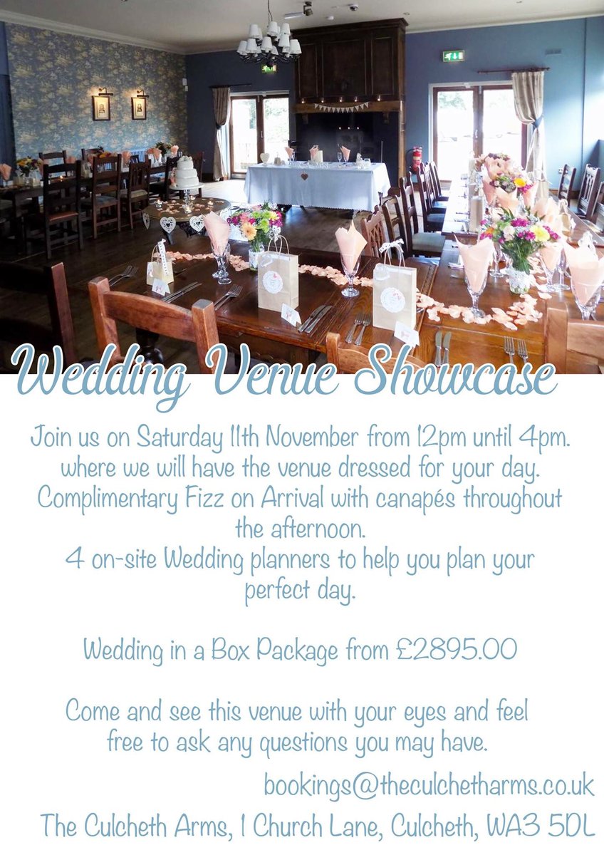 CulchethArms's tweet image. Are you coming down to our Wedding Venue Showcase on the 11th November! It’s the perfect time to start planning your big day! #Warrington