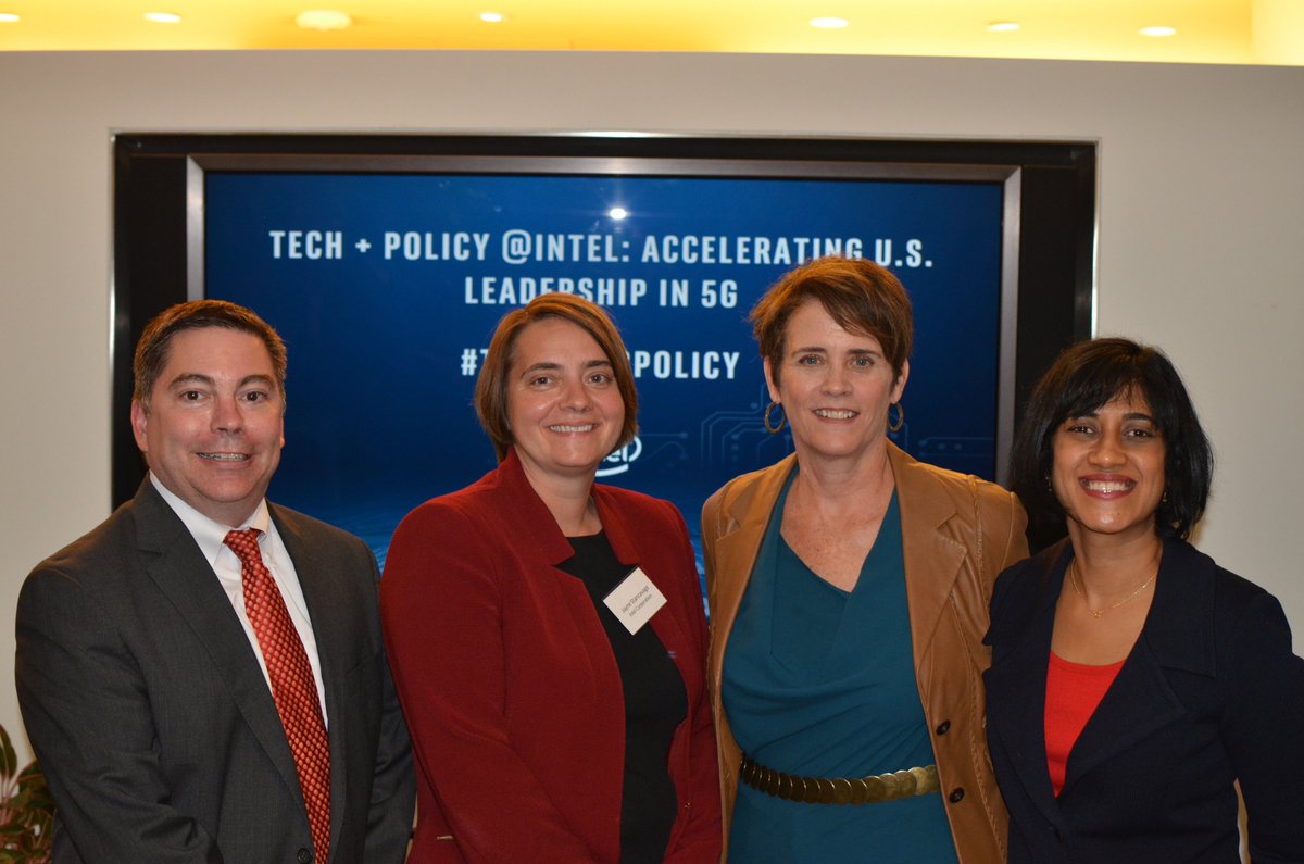 IntelPolicy's tweet photo. @AshaKeddy @mikeofcc @intel @FCC @verizon Thanks to @AshaKeddy, @mikeofcc, Charla Rath &amp; Jayne Stancavage for an engaging #TechplusPolicy discussion on accelerating US 5G leadership! https://t.co/ufxGl436KD