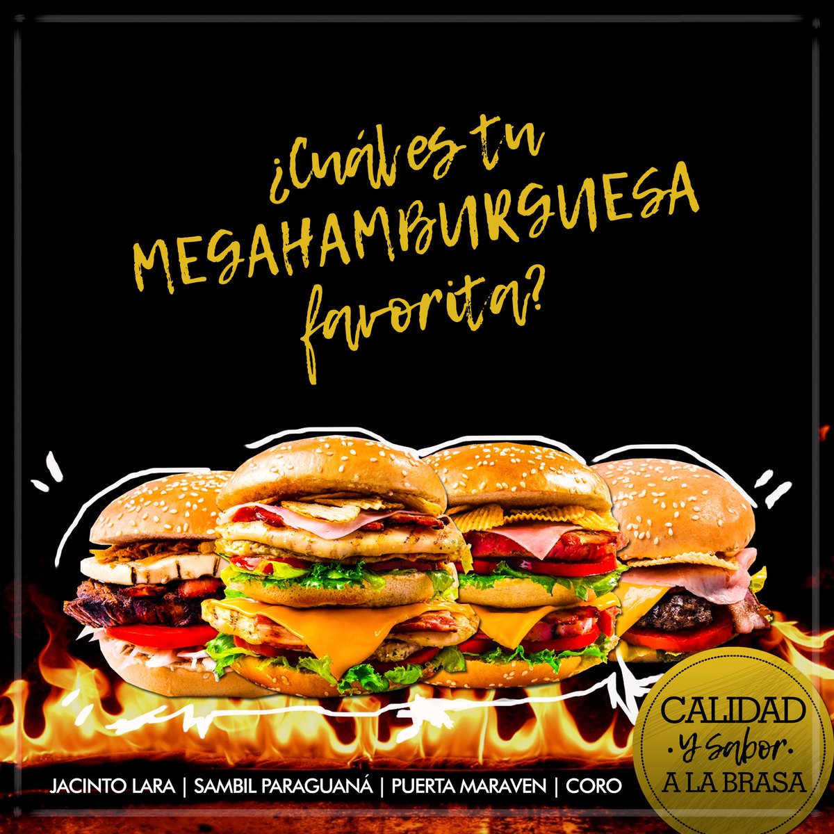 LUNES de #MegaHamburguesas  acompañados  en todas nuestras sedes #VenAMegaHamburguesas
#Calidadysaboralasbrasas
#Hamburguesasyrockandroll