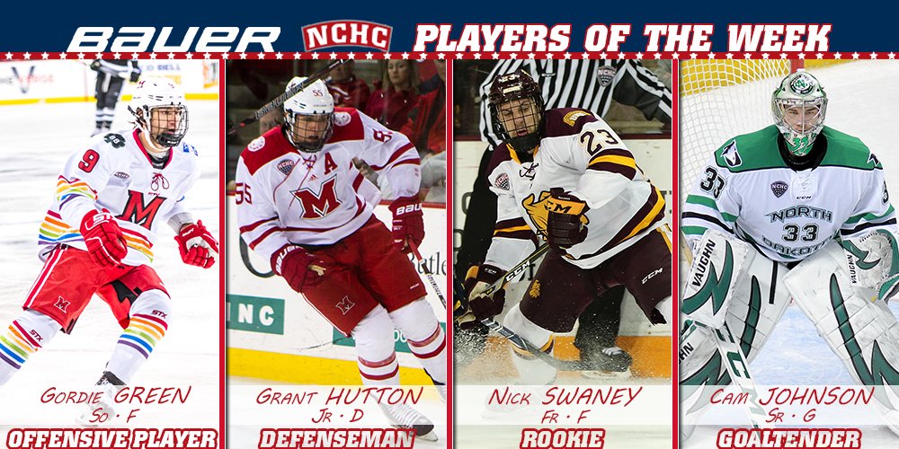 TheNCHC's tweet photo. The Bauer #NCHCHockey Players of the Week for week 3 (Oct. 16-22)

Winners from Miami, UMD and North Dakota

📰: https://t.co/P0HB9ueHAL https://t.co/OBHRtkep0i