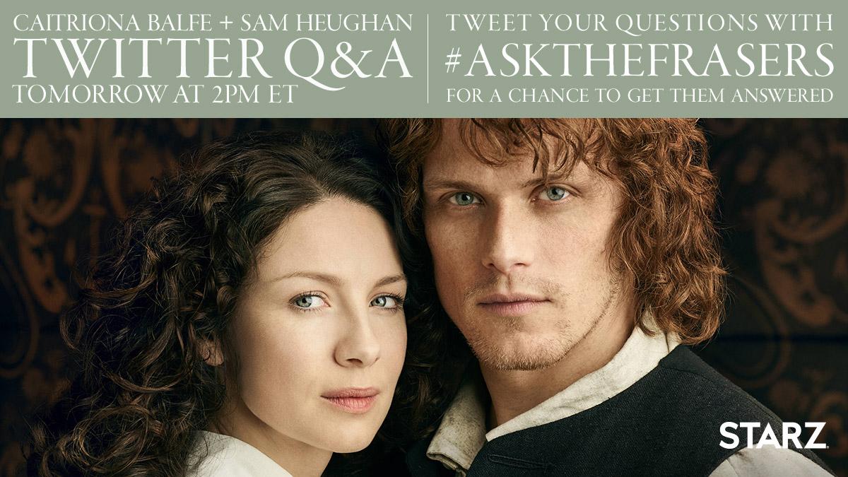 Outlander_STARZ's tweet photo. Celebrate the reunion with an #AskTheFrasers Twitter Q&amp;A featuring @caitrionambalfe and @SamHeughan tomorrow at 2PM ET! #Outlander https://t.co/hAWXMPS7KK