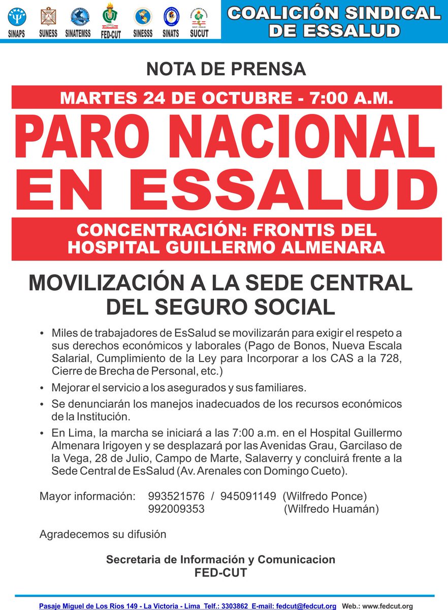 FedCut's tweet photo. #ParoNacionalEsSalud Nota de Prensa de la Coalición Sindical de @EsSaludPeru https://t.co/D2O1HNFoYf