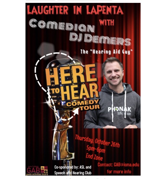 GaelsActivities's tweet photo. This Thursday, welcome comedian: DJ Demers who has made his way to America’s Got Talent and Conan, all while being hard of hearing! https://t.co/nhD9Ee3X6s