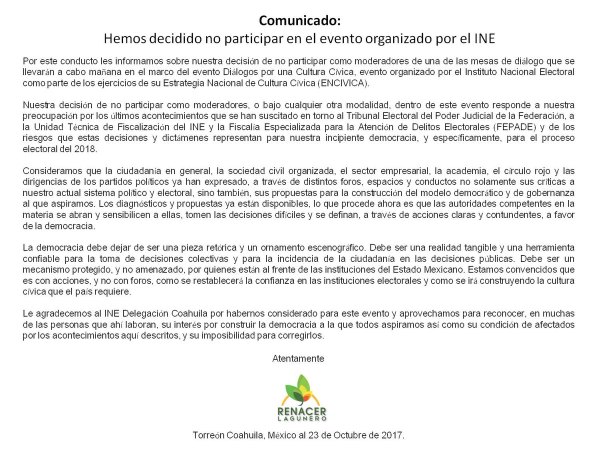 Hemos decidido no participar como moderadores en el evento organizado por el <a href="/INECoahuila/">INE Coahuila</a> Estas son nuestras razones 👇