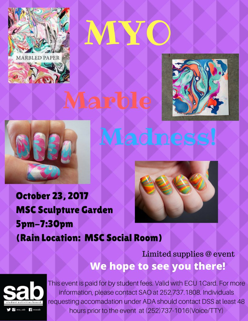 ECU_SAB's tweet photo. myo monday --> marble madness, TONIGHT from 5:00-7:30!! come &amp; see us #ecusab https://t.co/NMHQhbQnz5