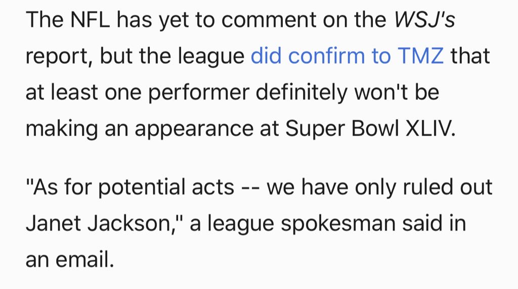 HOWEVER,  @CBSSports reported an email from the  @NFL on the topic of acts completely ruled out: Janet Jackson.  #JusticeForJanet