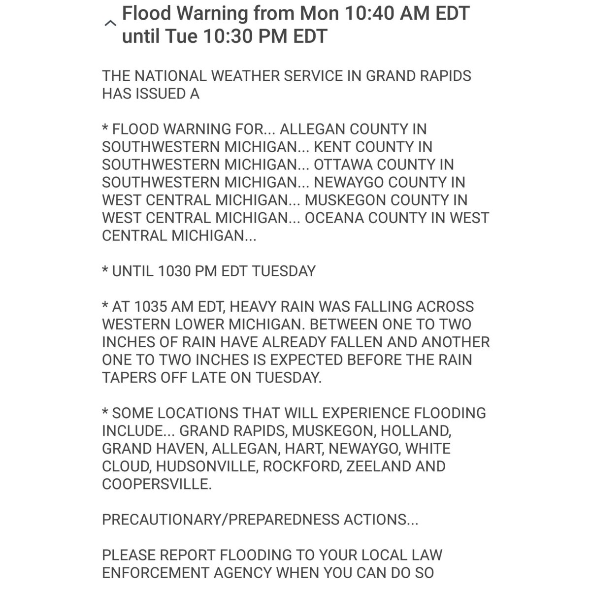🚨Flood Warning🚨
•1-2 inches fallen already with a extra 1-2 inches on the way tonight thru tomorrow night.
•Drive careful 
#wmiwx