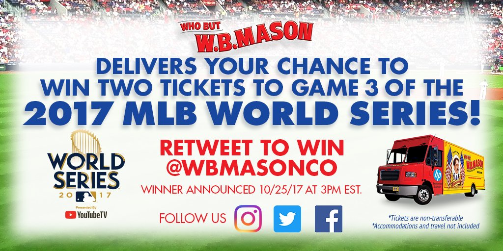 RT &amp; Follow Us for chance 2 WIN 2 Tix to GAME 3 Dodgers v Astros 10/27 !! RT by 10/25 at 3pm EST #whobut #mlb #wbmason
