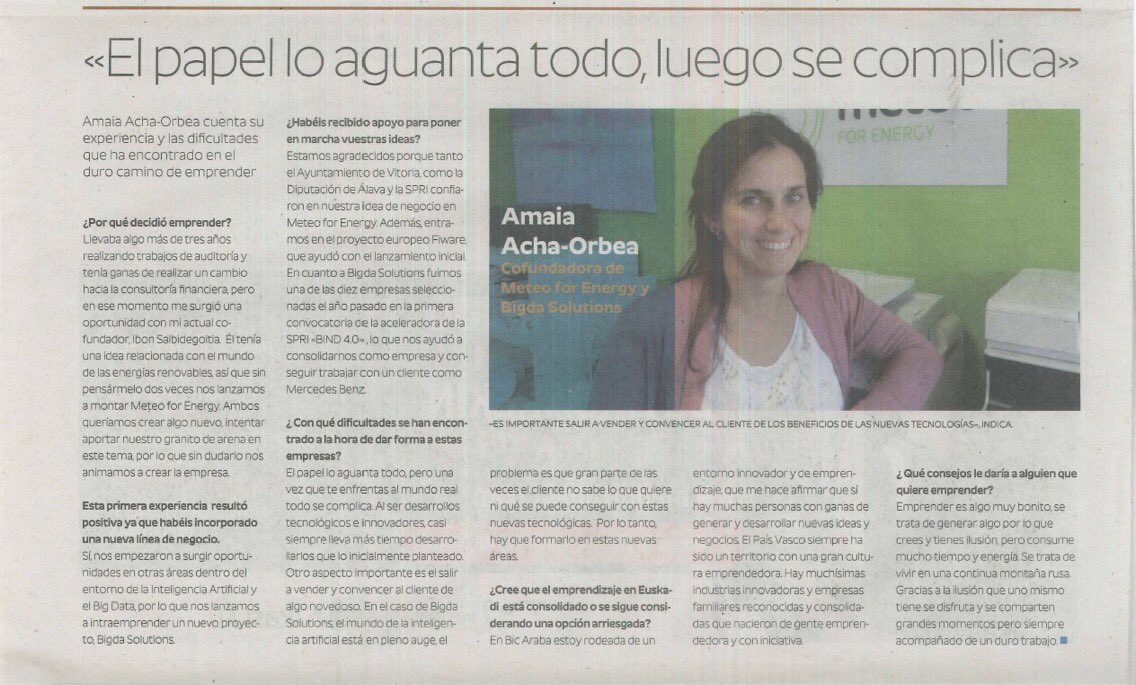BICAraba's tweet photo. Entrevistas a Amaia #meteoforenergy, @enezubi @Globetesting y @damoto @BICAraba en suplemento #EmpleoyJuventud de @elcorreo_alava https://t.co/GX51GNfBFr