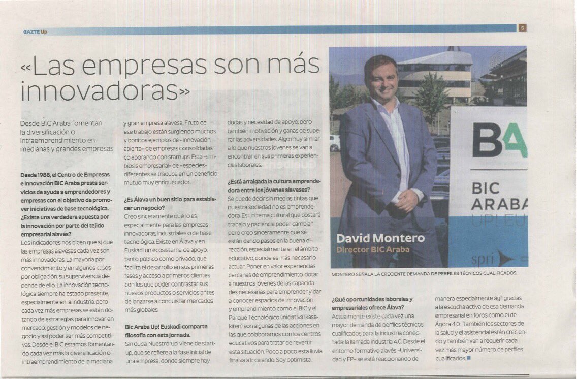 BICAraba's tweet photo. Entrevistas a Amaia #meteoforenergy, @enezubi @Globetesting y @damoto @BICAraba en suplemento #EmpleoyJuventud de @elcorreo_alava https://t.co/GX51GNfBFr