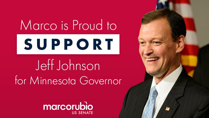 marcorubio's tweet photo. Thrilled to endorse @MNJeffJohnson to be next governor of MN. Strong character, proven conservative &amp; strongest candidate in the field. https://t.co/k2IZeosMMu